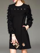 Romwe Black Fringe Sleeve Pockets Shift Dress