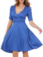 Romwe Deep Plunge Neck A-line Blue Dress