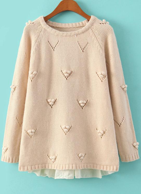 Romwe Twisted Ball Embellished Beige Sweater