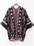 Romwe Pink Geometric Pattern Fringe Cuff Cape Sweater