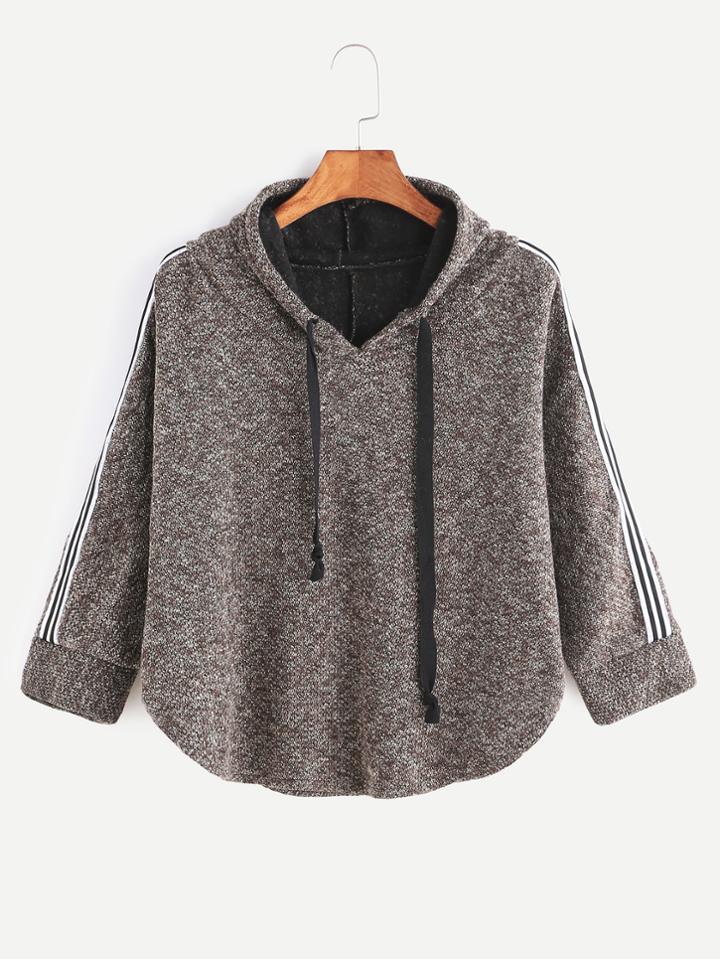 Romwe Khaki Hooded Striped Trim High Low Sweatshirt