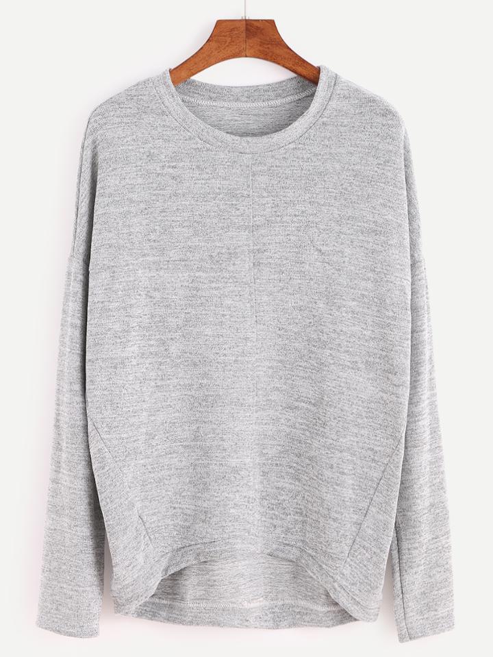 Romwe Heather Grey Dropped Shoulder Seam High Low Knitwear