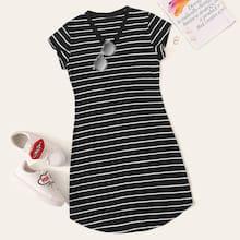 Romwe Stripe Print V-neck Curved Hem T-shirt Dress
