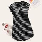Romwe Stripe Print V-neck Curved Hem T-shirt Dress