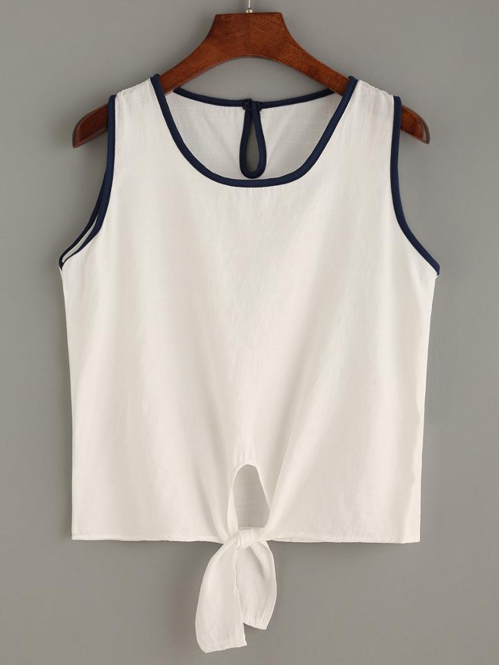 Romwe Trimmed Beige Keyhole Sleeveless Knotted Top