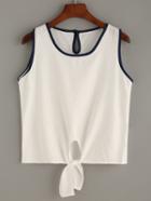 Romwe Trimmed Beige Keyhole Sleeveless Knotted Top