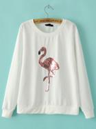 Romwe White Round Neck Sequined Crane Loose Sweatshirt