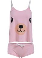 Romwe Pink Spaghetti Strap Bear Print Cami Top With Shorts