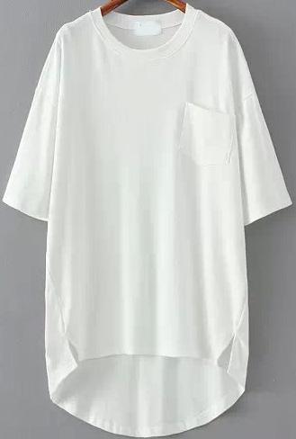 Romwe White Pocket Split Dip Hem T-shirt