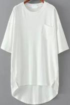 Romwe White Pocket Split Dip Hem T-shirt