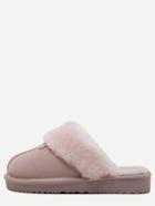 Romwe Pink Fur Lined Soft Sole Genuine Leather Flat Slippers