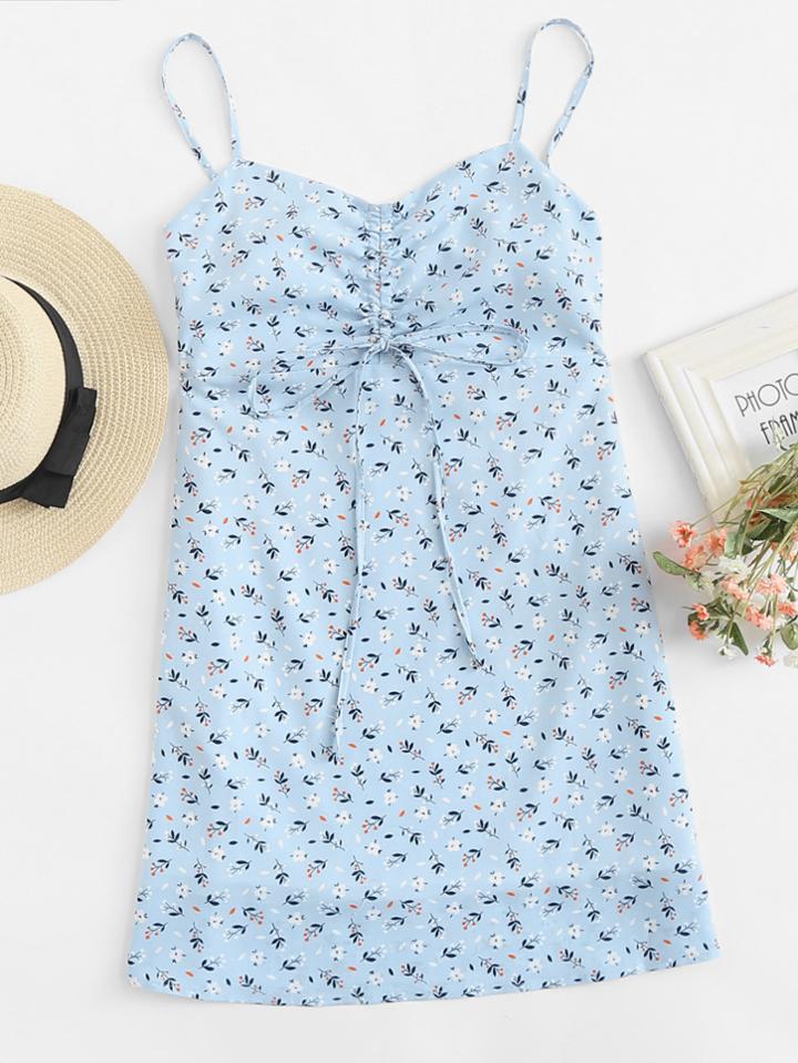 Romwe Calico Print Drawstring Cami Dress