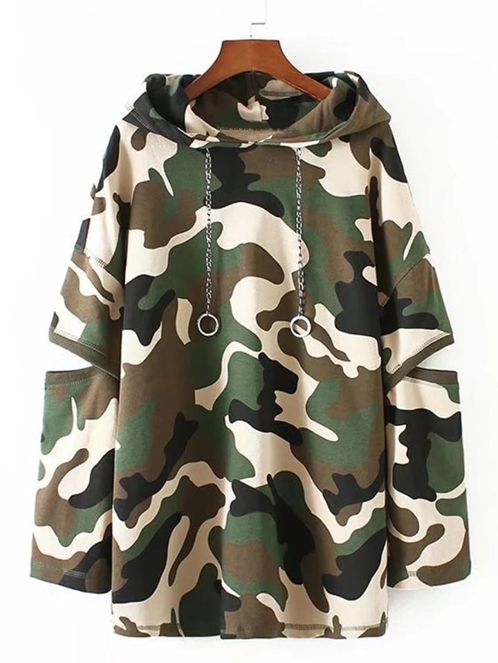 Romwe Slit Sleeve Longline Camo Hoodie With Chain