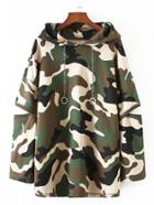 Romwe Slit Sleeve Longline Camo Hoodie With Chain