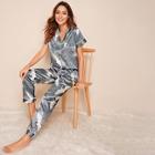 Romwe Crane Print Satin Shirt With Pants Pj Set