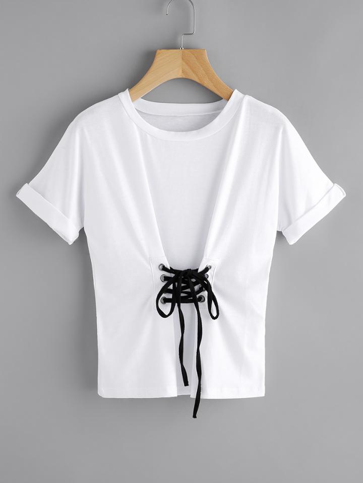 Romwe Corset Eyelet Lace Up Cuffed Tee