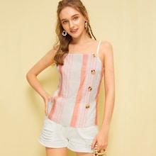 Romwe Button Front Striped Cami Top