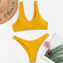 Romwe Plain Scoop Neck Top With High Leg Bikini Set
