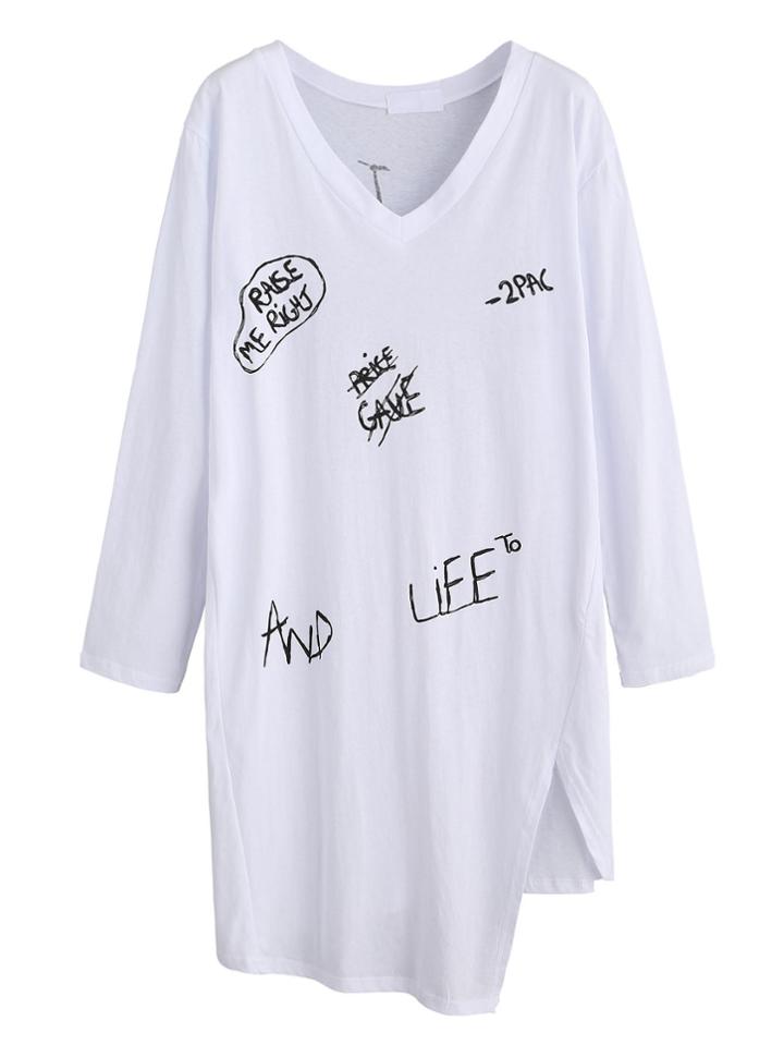 Romwe White Letters Print Asymmetrical T-shirt Dress