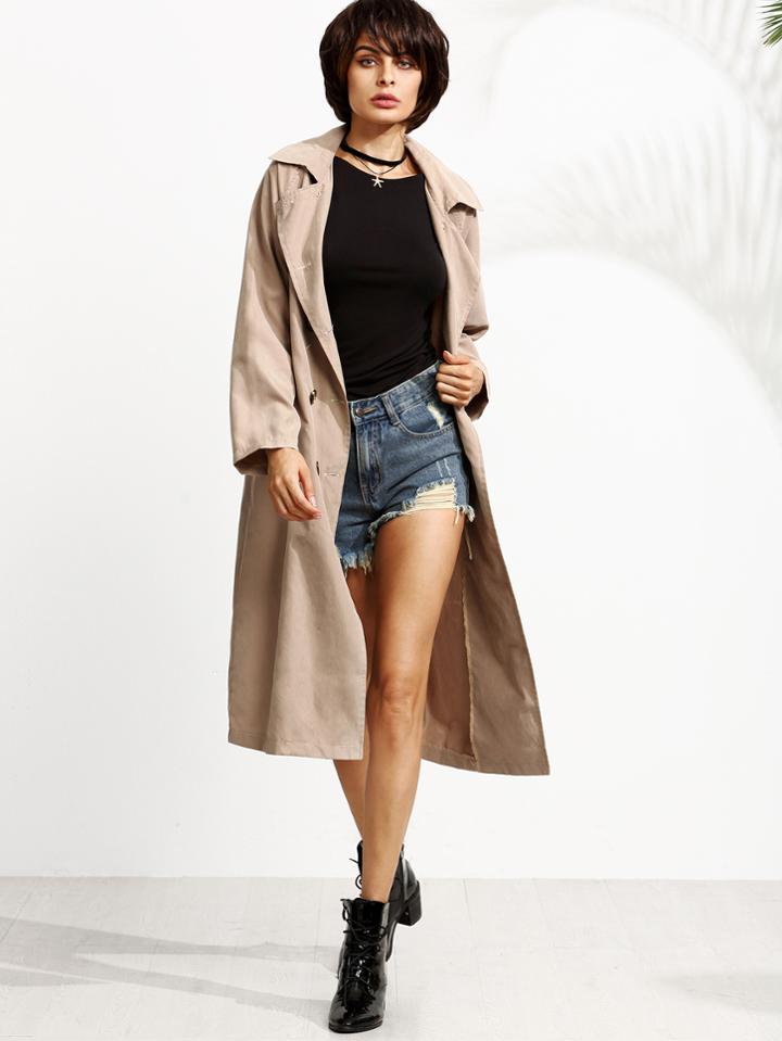 Romwe Khaki Double Breasted Trench Coat