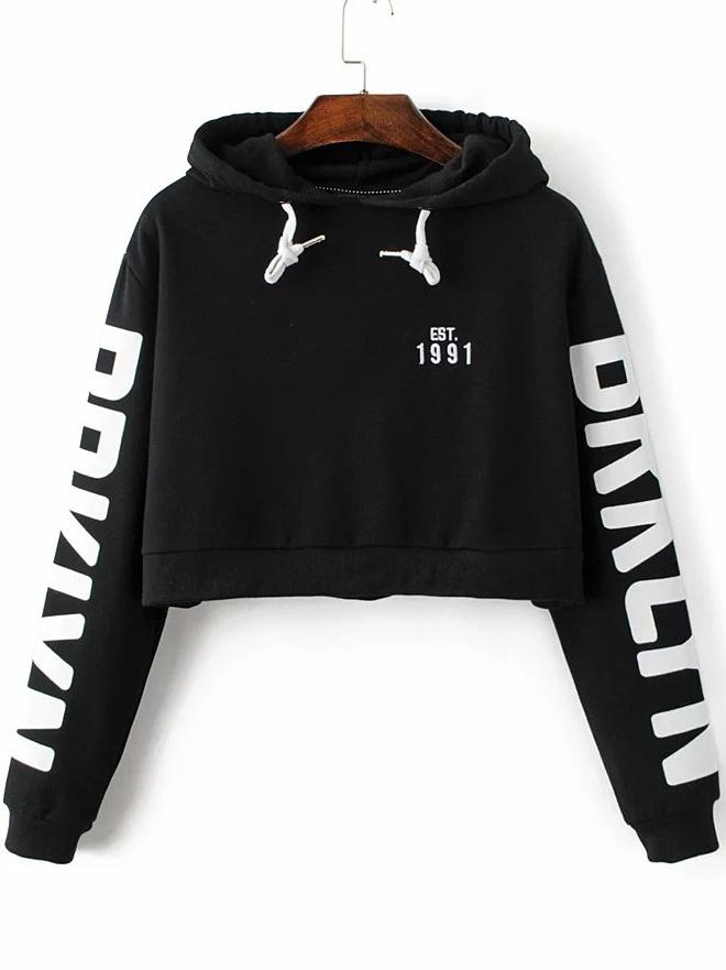 Romwe Black Letter Print Hooded Crop Sweatshirt