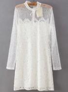 Romwe Stand Collar Lace Straight White Dress