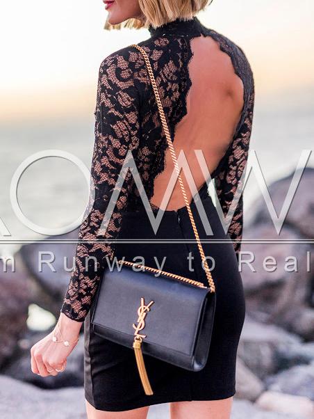 Romwe Black Backless Lace Bodycon Dress