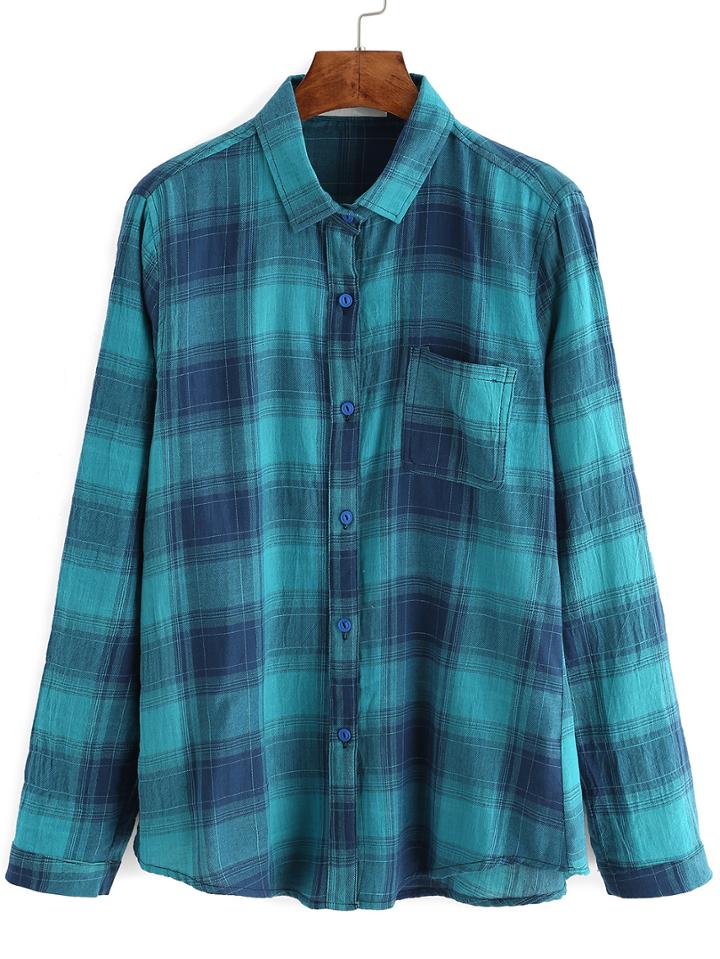 Romwe Plaid Pocket Two Tone Blouse