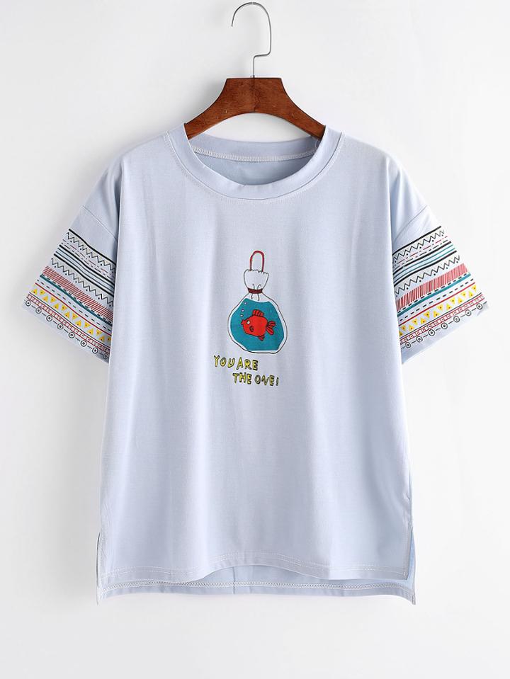 Romwe Blue Geometric And Cartoon Print T-shirt