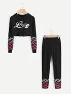 Romwe Letter Print Raw Hem Crop Hoodie With Pants