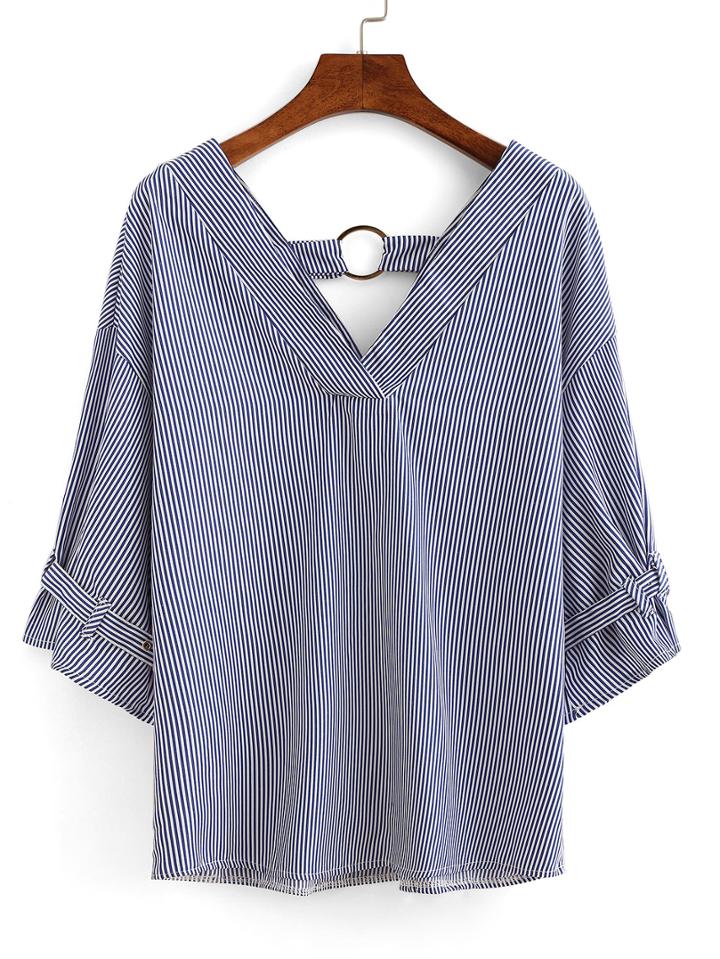 Romwe Striped Double V-neck Blouse