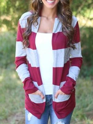 Romwe Striped Pockets Burgundy Coat