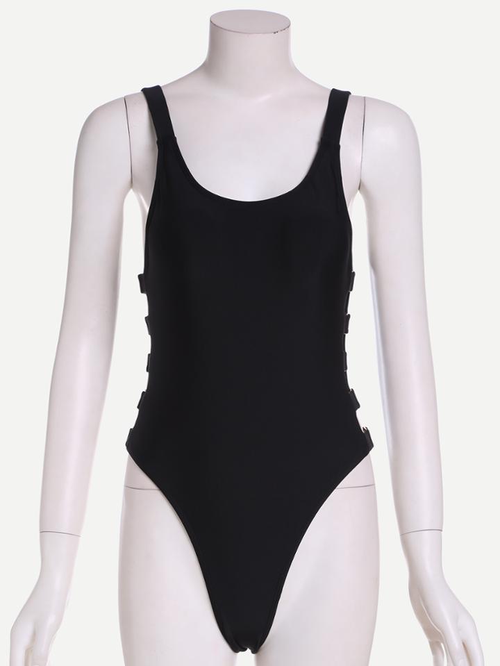 Romwe Black Ladder Cutout Side One Piece Swimwear