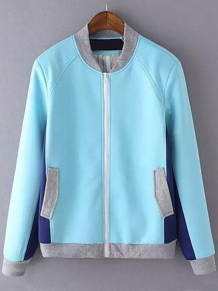 Romwe Contrast Collar Edge Pockets Zipper Blue Jacket