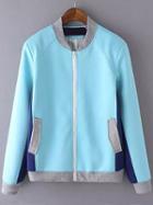 Romwe Contrast Collar Edge Pockets Zipper Blue Jacket