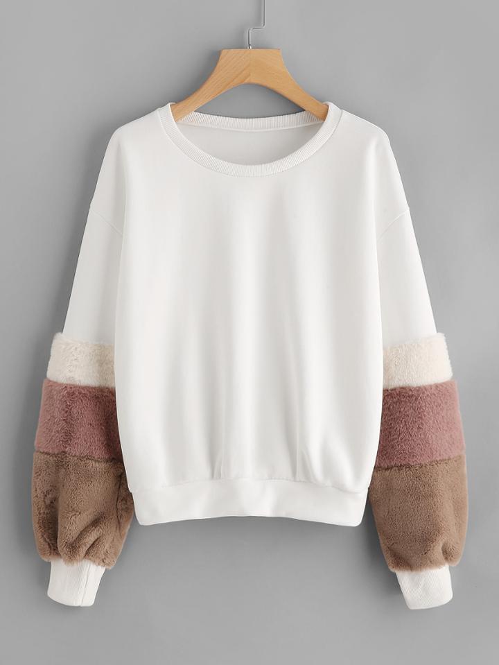 Romwe Contrast Faux Fur Sleeve Sweatshirt