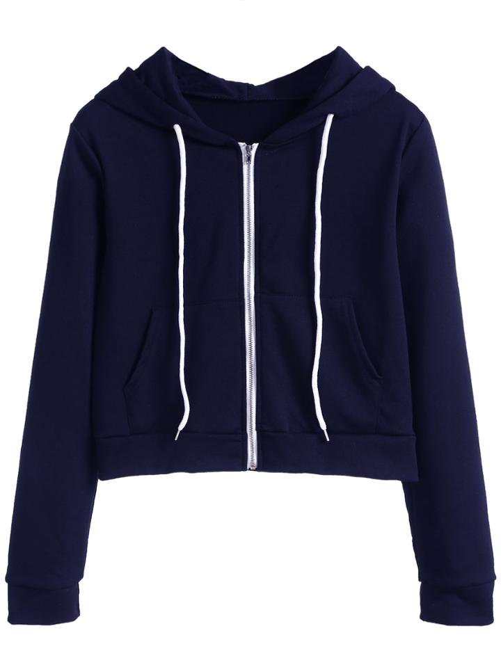 Romwe Navy Zip Up Pocket Hooded Sweatshirt