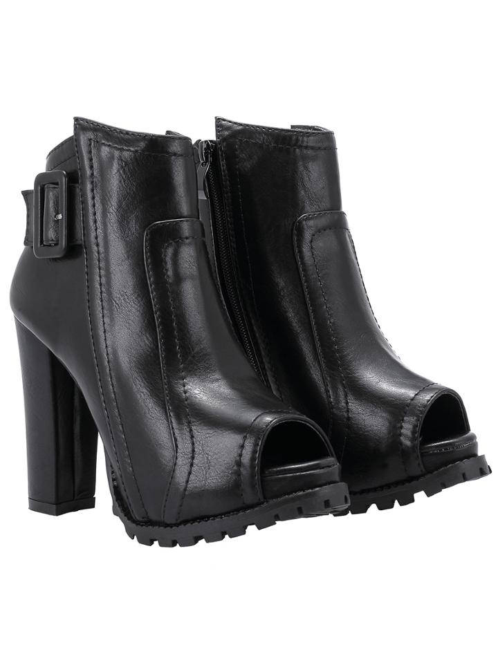 Romwe Black Zipper Buckle Peep Toe Pumps