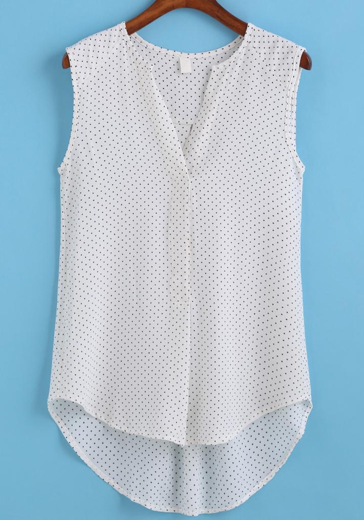 Romwe V Neck Dip Hem Polka Dot Chiffon White Tank Top