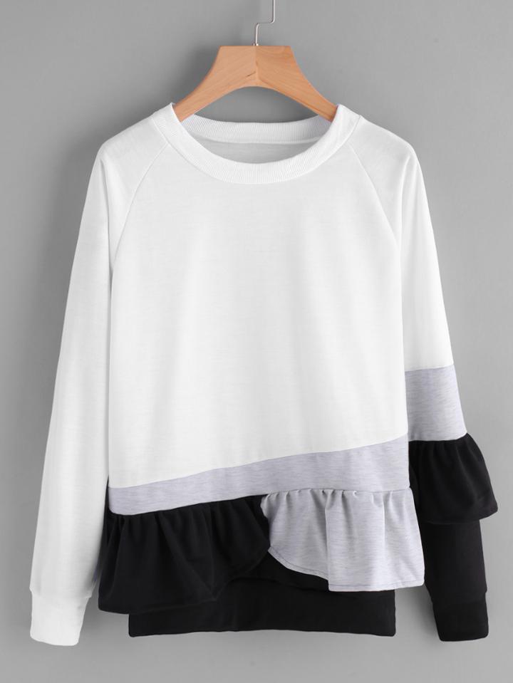 Romwe Contrast Panel Frill Trim Sweatshirt