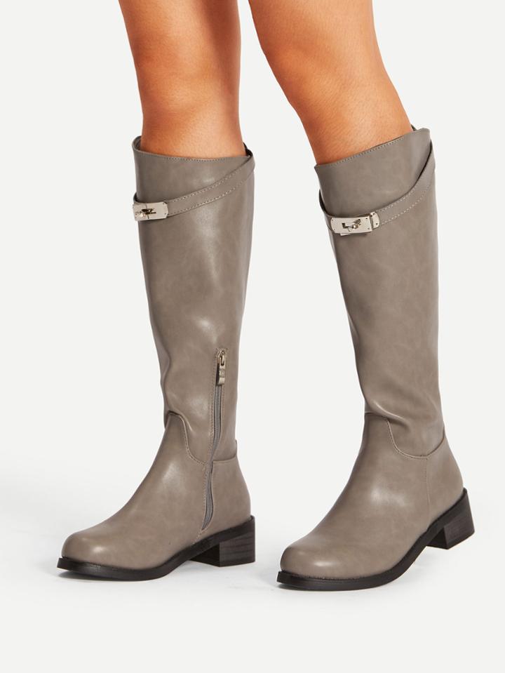 Romwe Metal Detail Side Zipper Pu Boots