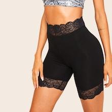 Romwe Lace Trim Solid Biker Shorts