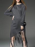 Romwe Grey Round Neck Long Sleeve Tassel Dress