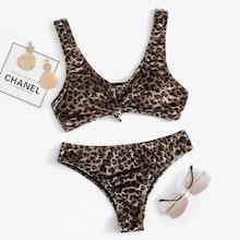 Romwe Leopard Print Knot Front Scoop Neck Bikini