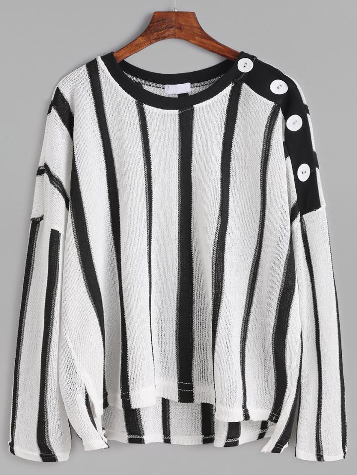 Romwe Vertical Striped Drop Shoulder High Low Button Embellished Sweater