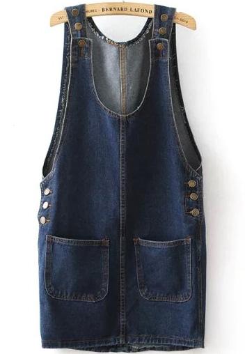 Romwe Navy Strap Buttons Pockets Denim Dress