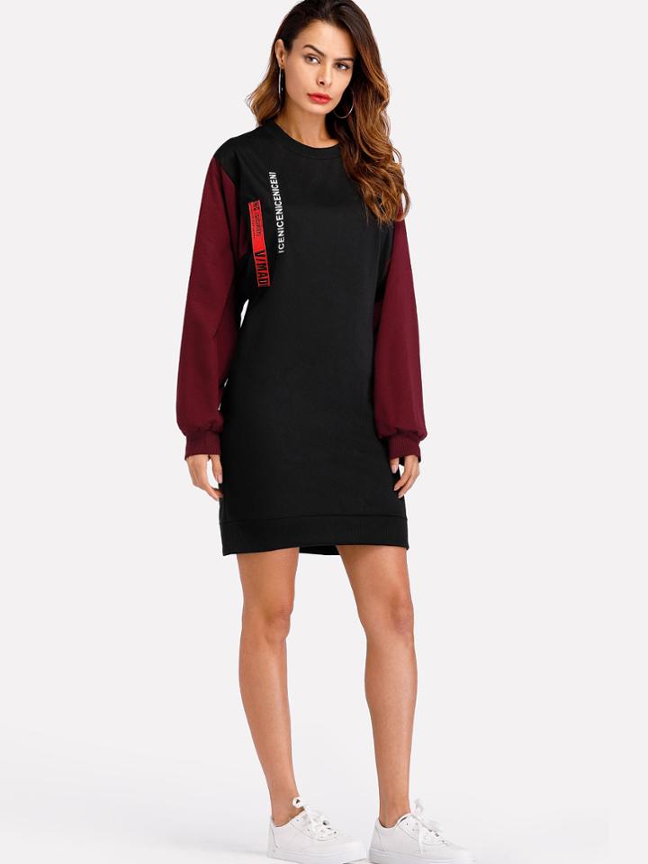 Romwe Contrast Sleeve Tape Detail Sweatshirt Dress