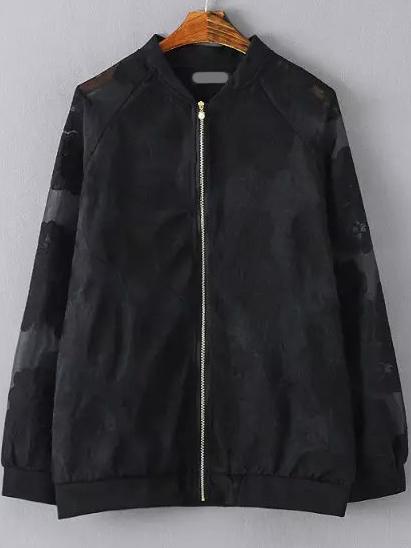 Romwe Stand Collar Organza Embroidered Black Jacket