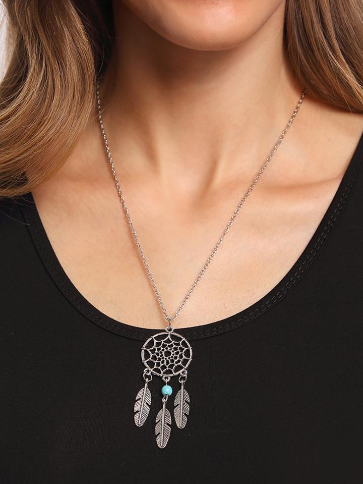 Romwe Cut Out Circle Pendant With Turquoise&carved Feather Necklace