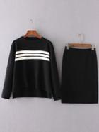 Romwe Black Striped High Low Sweater With Skirt